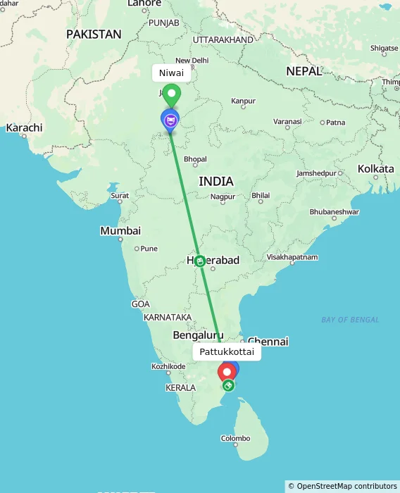 Route map showing distance and travel time from Niwai, India to Pattukkottai, India