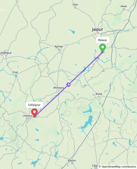 Route map showing distance and travel time from Niwai, India to Udaipur, India