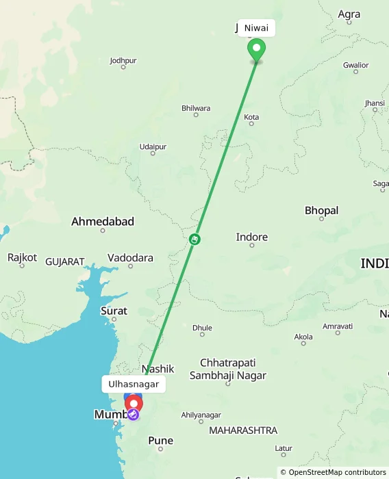 Route map showing distance and travel time from Niwai, India to Ulhasnagar, India