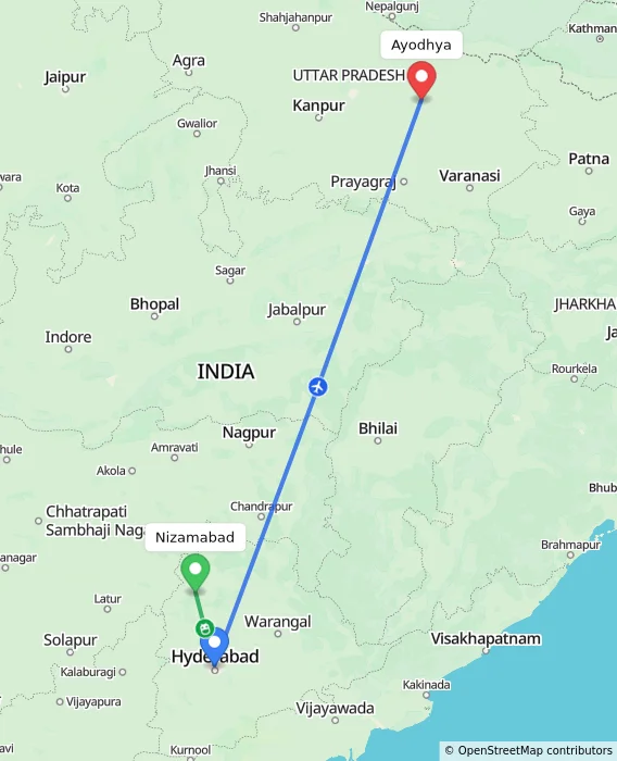 Route map showing distance and travel time from Nizamabad, India to Ayodhya, India