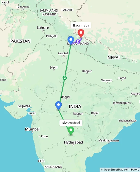 Route map showing distance and travel time from Nizamabad, India to Badrinath, India