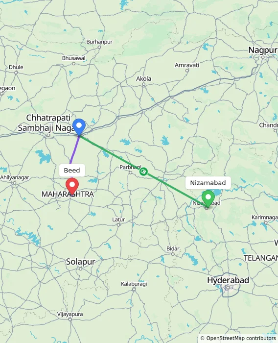 Route map showing distance and travel time from Nizamabad, India to Beed, India
