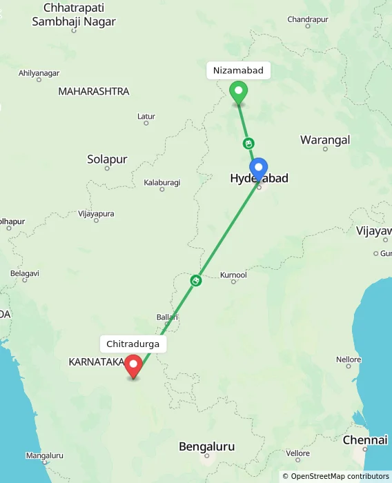 Route map showing distance and travel time from Nizamabad, India to Chitradurga, India