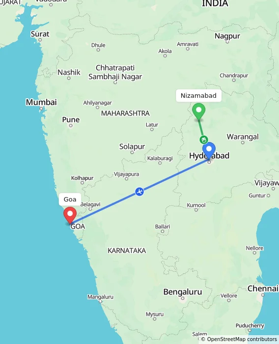 Route map showing distance and travel time from Nizamabad, India to Goa, India