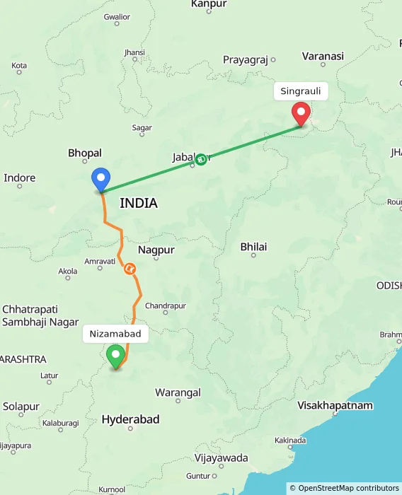 Route map showing distance and travel time from Nizamabad, India to Singrauli, India