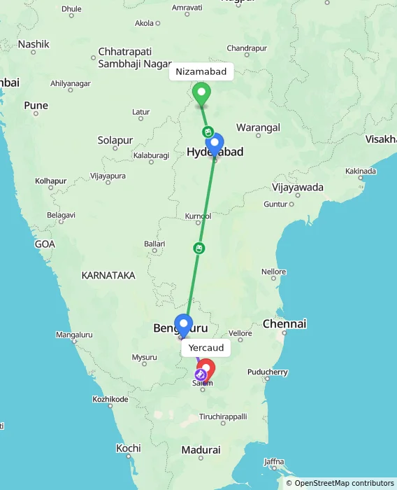 Route map showing distance and travel time from Nizamabad, India to Yercaud, India
