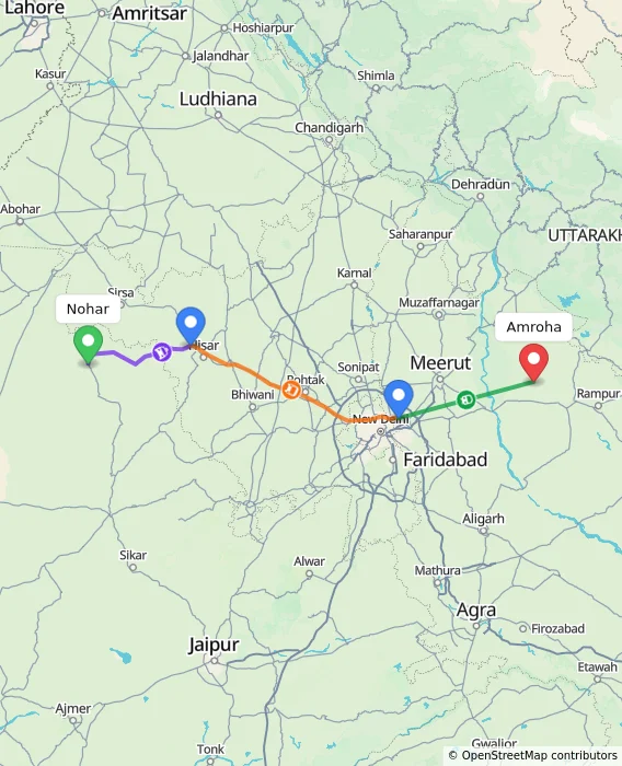 Route map showing distance and travel time from Nohar, India to Amroha, India