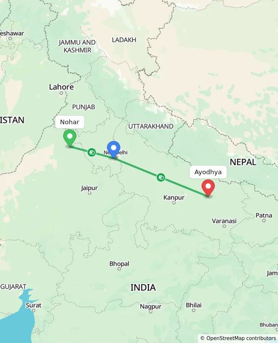 Route map showing distance and travel time from Nohar, India to Ayodhya, India