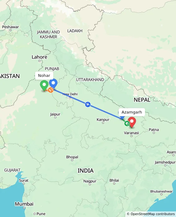 Route map showing distance and travel time from Nohar, India to Azamgarh, India
