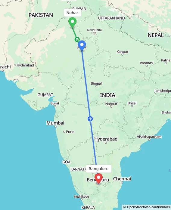 Route map showing distance and travel time from Nohar, India to Bangalore, India