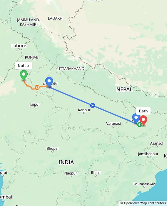 Route map showing distance and travel time from Nohar, India to Barh, India
