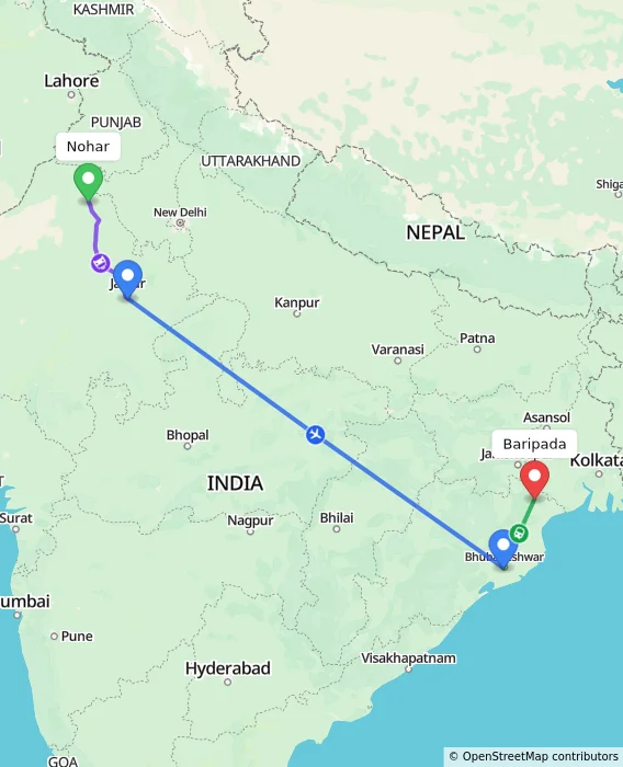 Route map showing distance and travel time from Nohar, India to Baripada, India