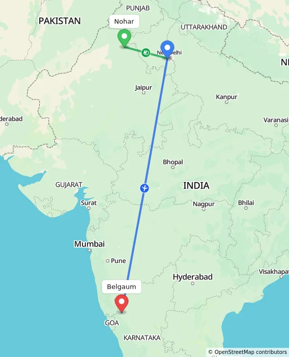 Route map showing distance and travel time from Nohar, India to Belgaum, India