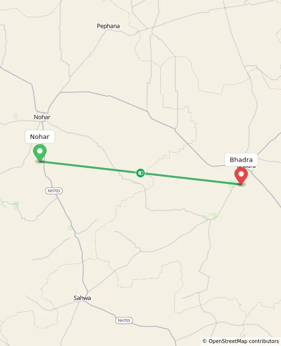 Route map showing distance and travel time from Nohar, India to Bhadra, India