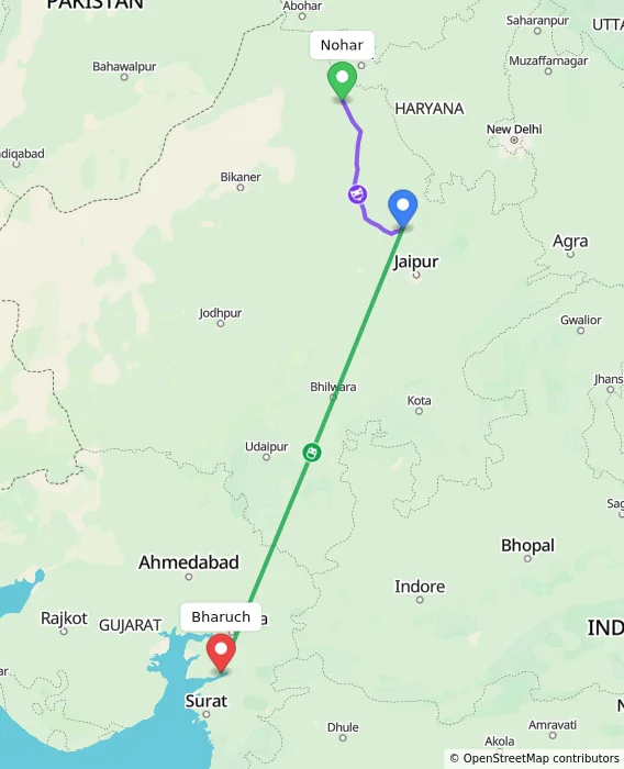 Route map showing distance and travel time from Nohar, India to Bharuch, India