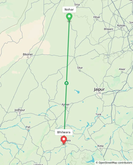 Route map showing distance and travel time from Nohar, India to Bhilwara, India