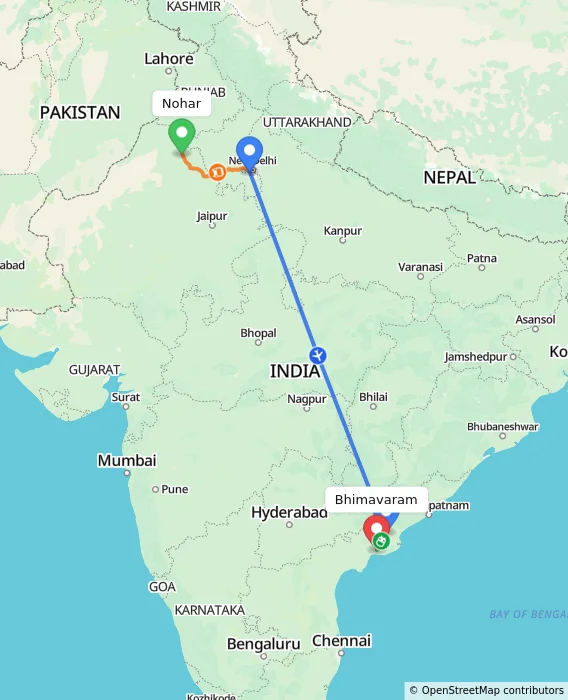 Route map showing distance and travel time from Nohar, India to Bhimavaram, India