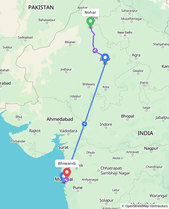 Route map showing distance and travel time from Nohar, India to Bhiwandi, India