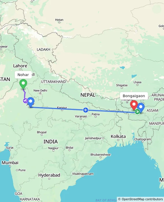 Route map showing distance and travel time from Nohar, India to Bongaigaon, India
