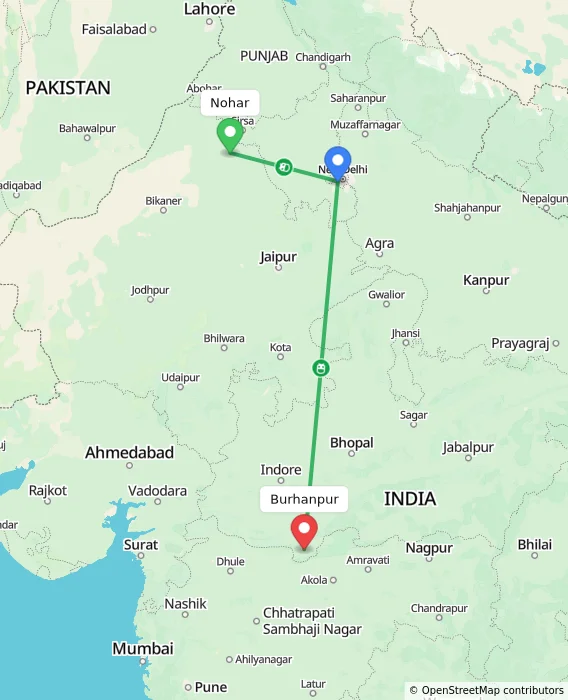 Route map showing distance and travel time from Nohar, India to Burhanpur, India