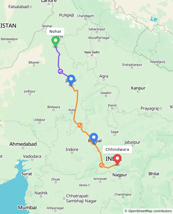 Route map showing distance and travel time from Nohar, India to Chhindwara, India