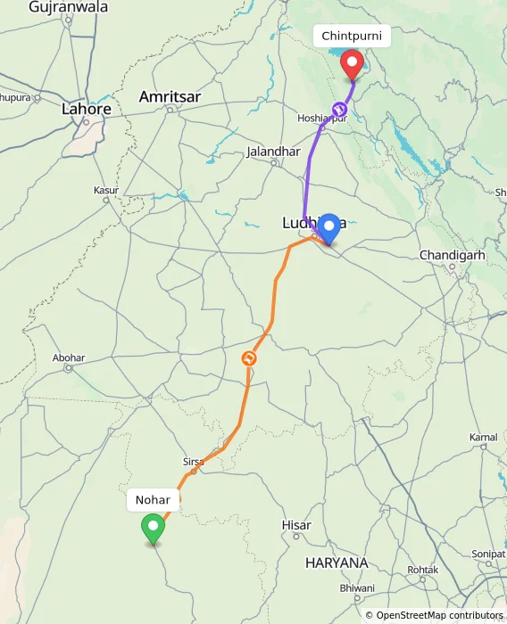 Route map showing distance and travel time from Nohar, India to Chintpurni, India