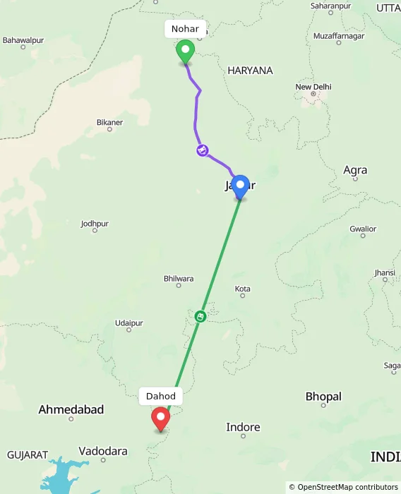 Route map showing distance and travel time from Nohar, India to Dahod, India