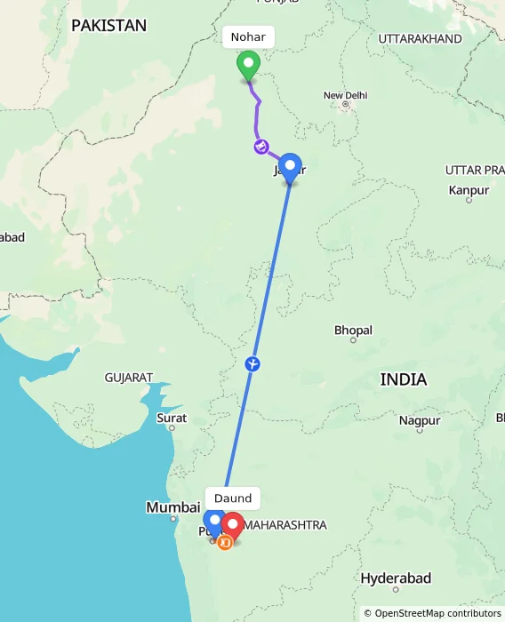 Route map showing distance and travel time from Nohar, India to Daund, India