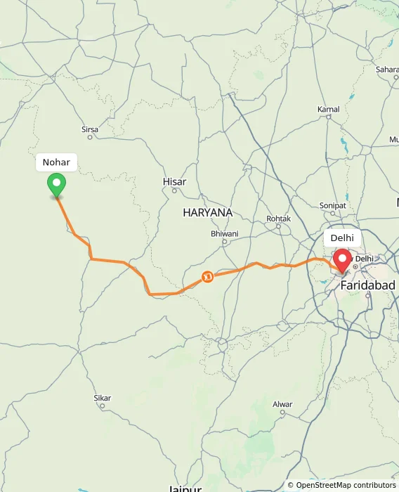 Route map showing distance and travel time from Nohar, India to Delhi, India