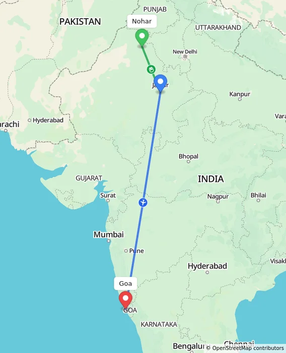Route map showing distance and travel time from Nohar, India to Goa, India