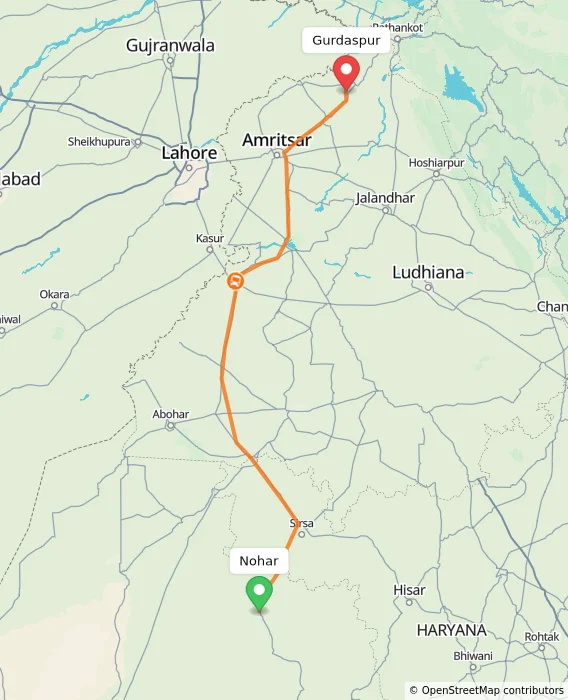 Route map showing distance and travel time from Nohar, India to Gurdaspur, India