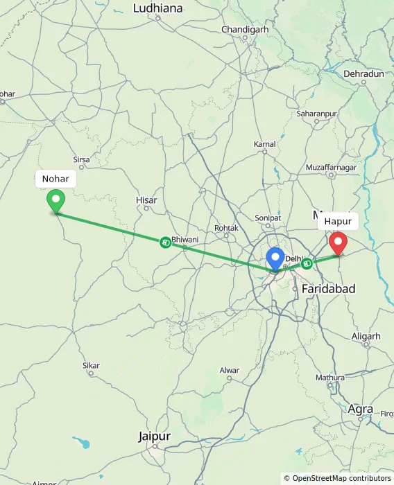 Route map showing distance and travel time from Nohar, India to Hapur, India