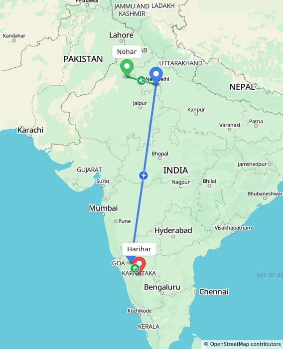 Route map showing distance and travel time from Nohar, India to Harihar, India