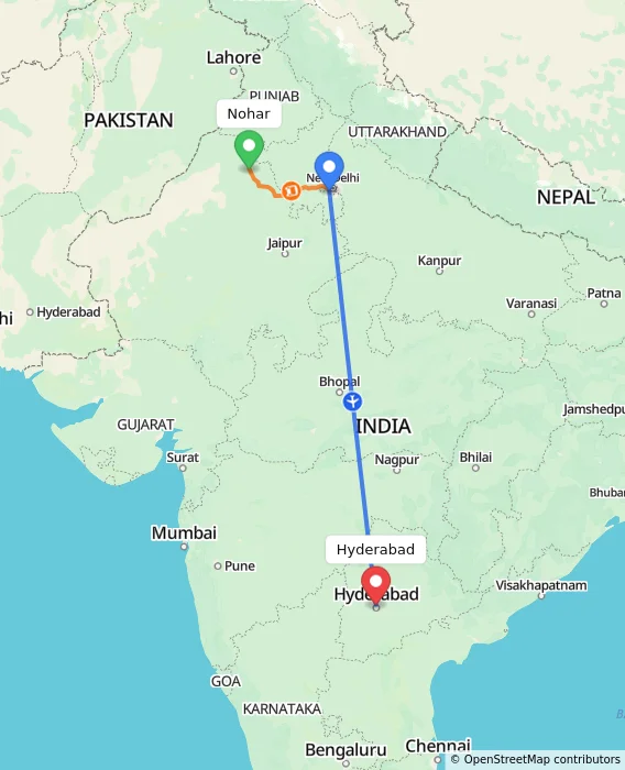 Route map showing distance and travel time from Nohar, India to Hyderabad, India