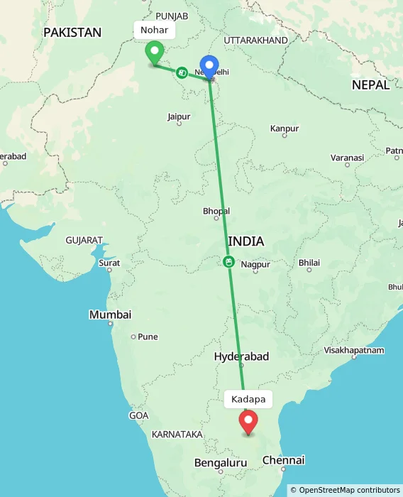 Route map showing distance and travel time from Nohar, India to Kadapa, India