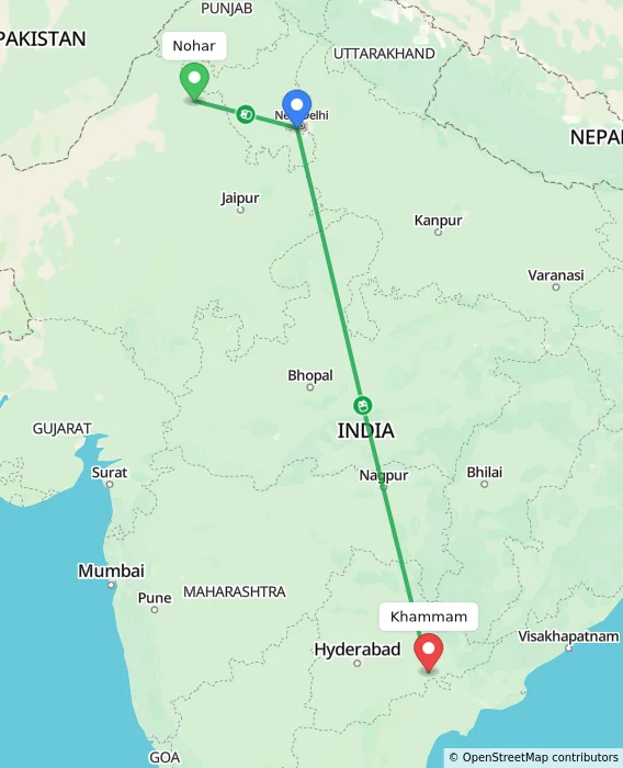 Route map showing distance and travel time from Nohar, India to Khammam, India