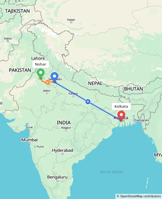 Route map showing distance and travel time from Nohar, India to Kolkata, India