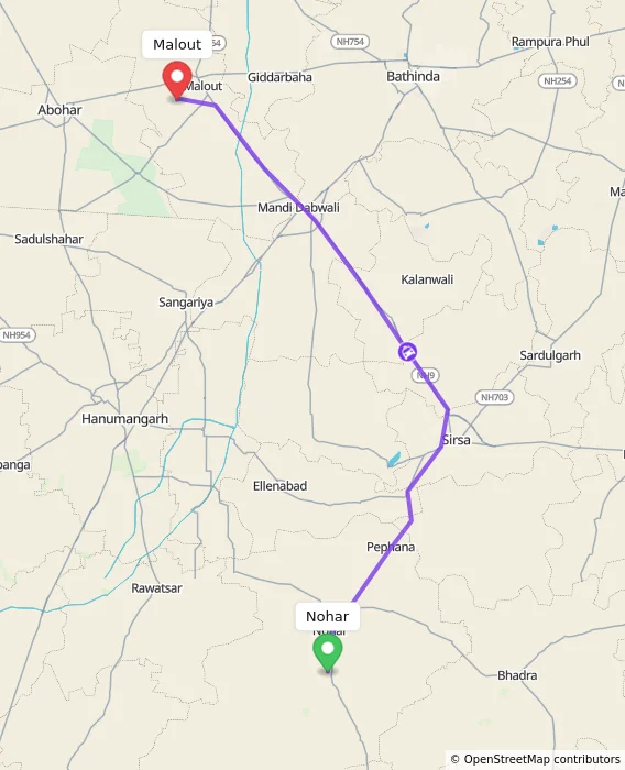 Route map showing distance and travel time from Nohar, India to Malout, India
