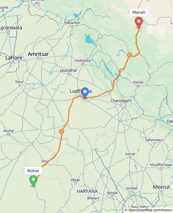 Route map showing distance and travel time from Nohar, India to Manali, India