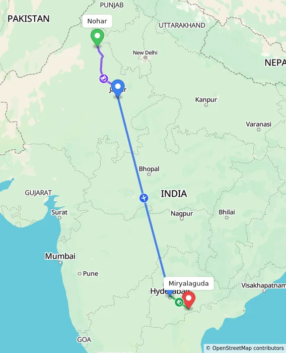Route map showing distance and travel time from Nohar, India to Miryalaguda, India