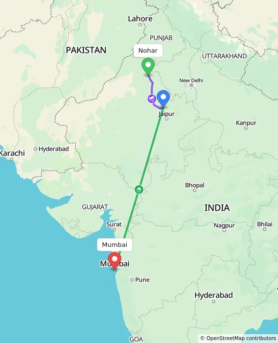 Route map showing distance and travel time from Nohar, India to Mumbai, India