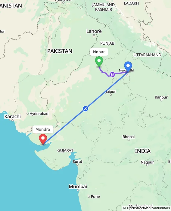 Route map showing distance and travel time from Nohar, India to Mundra, India