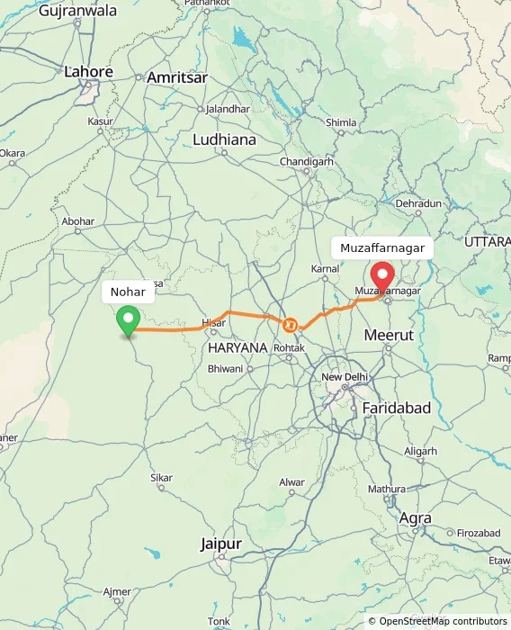 Route map showing distance and travel time from Nohar, India to Muzaffarnagar, India