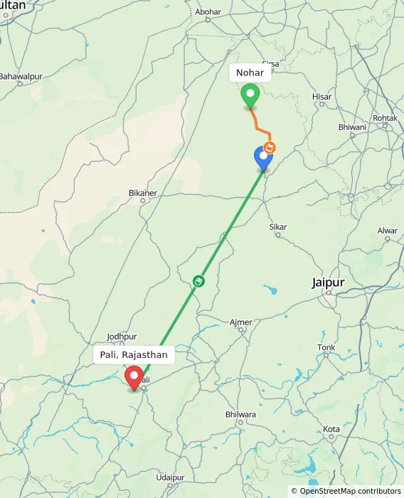 Route map showing distance and travel time from Nohar, India to Pali, Rajasthan, India