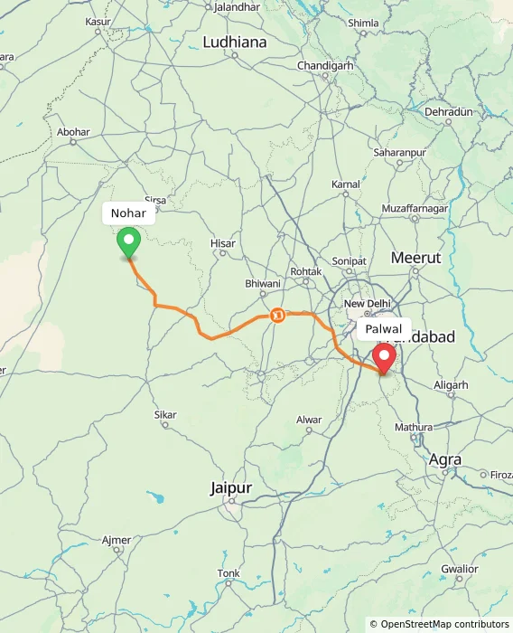 Route map showing distance and travel time from Nohar, India to Palwal, India