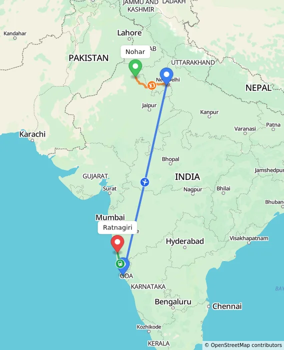 Route map showing distance and travel time from Nohar, India to Ratnagiri, India