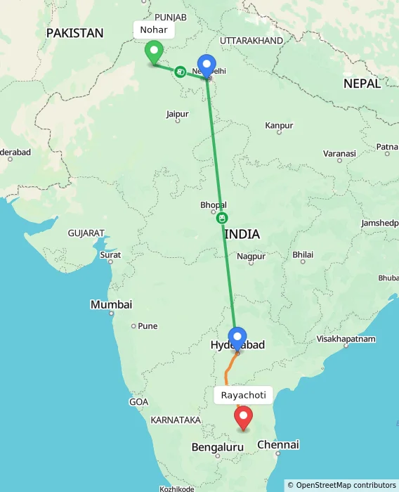 Route map showing distance and travel time from Nohar, India to Rayachoti, India