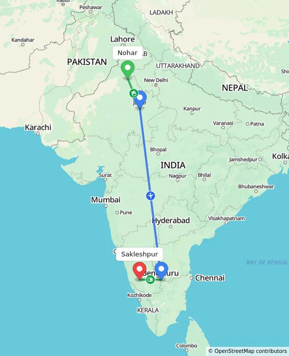 Route map showing distance and travel time from Nohar, India to Sakleshpur, India