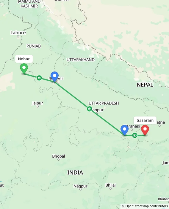 Route map showing distance and travel time from Nohar, India to Sasaram, India