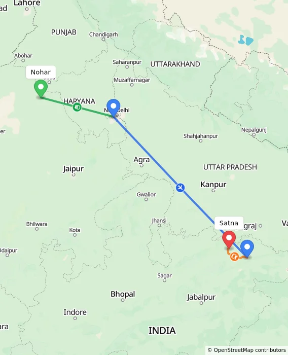 Route map showing distance and travel time from Nohar, India to Satna, India
